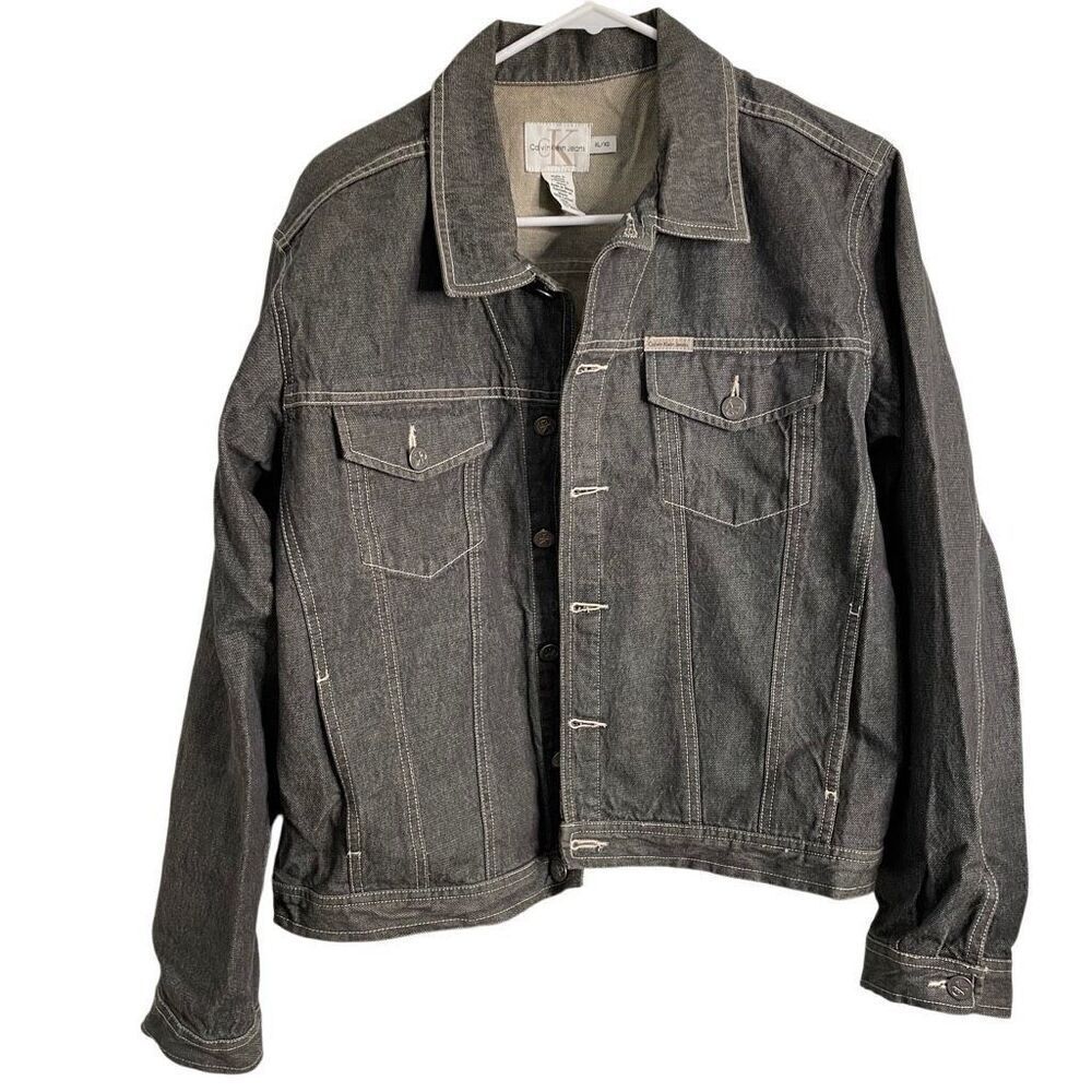 Vtg Y2k Calvin Klein Jeans Womens Denim Trucker Jacket Xl Gray Point Collar